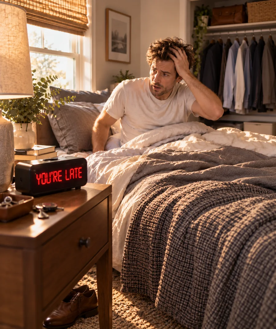 Un uomo è seduto sul letto con una mano sulla testa, accanto a un orologio con la scritta inglese «You’re late» («È tardi»).