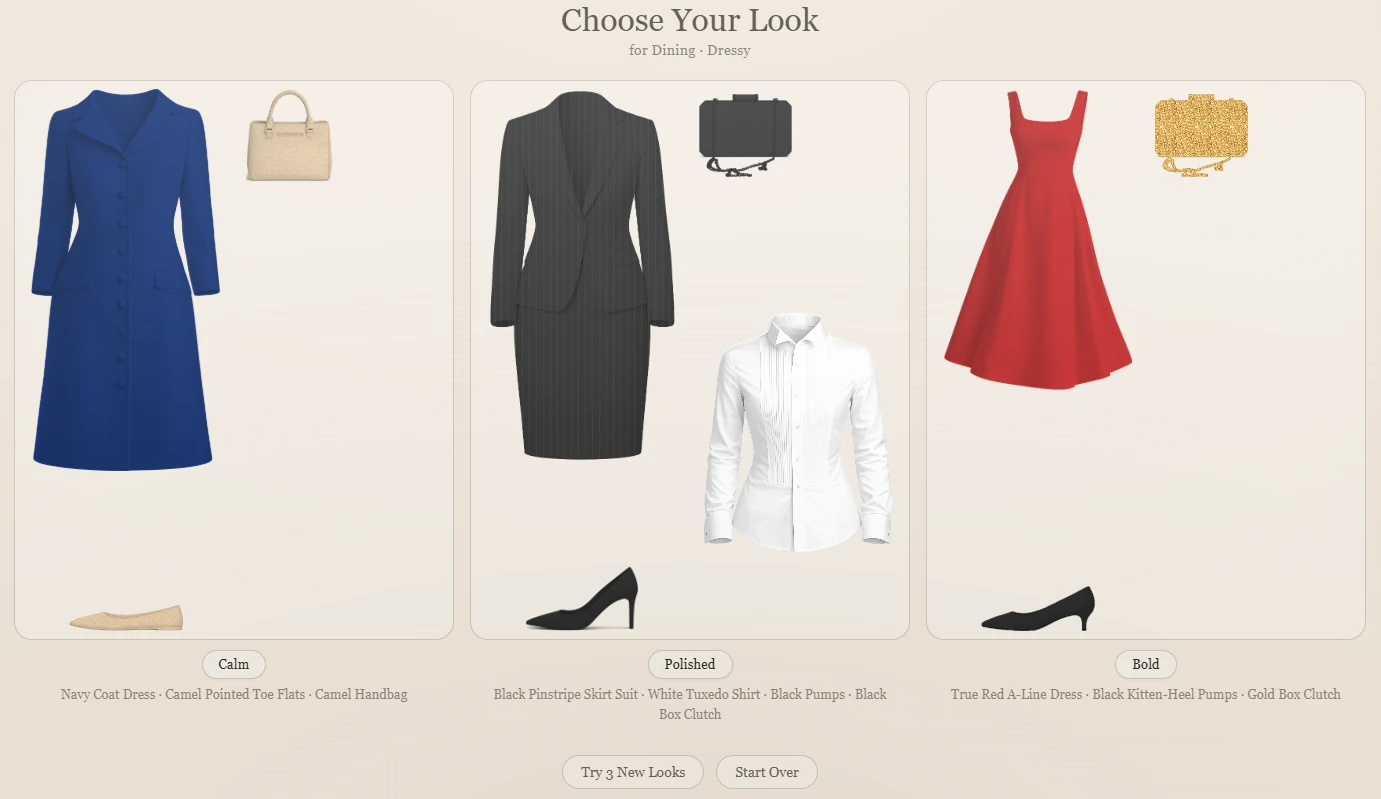 Calm, Polished and Bold looks on Choose Your Look