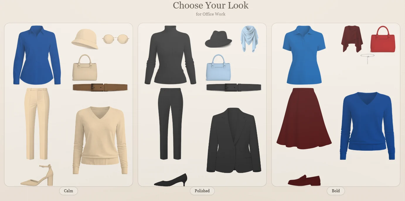 Indosso mostra tre outfit creati dallo stesso guardaroba