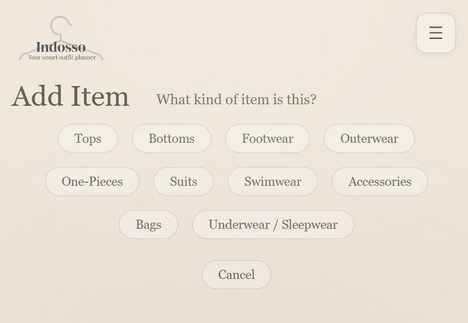 Choosing a clothing category in Add Item