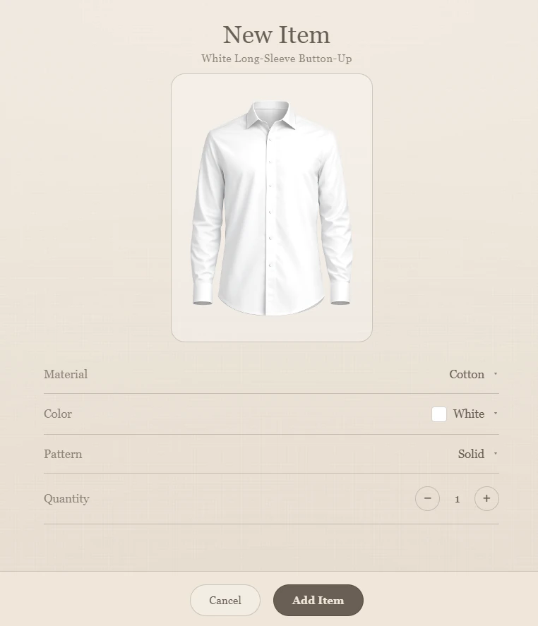 Setting material, color, pattern and quantity for a garment