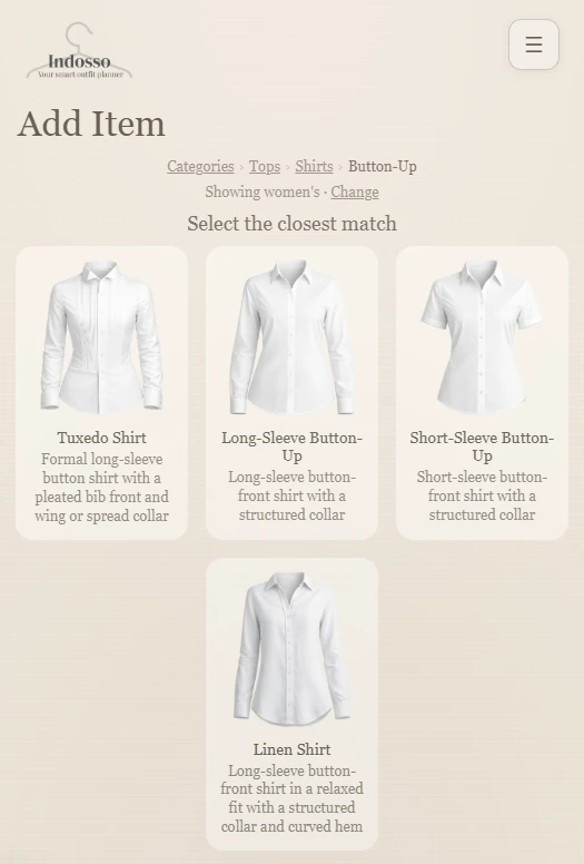 Browsing the Indosso catalog for a button-up shirt
