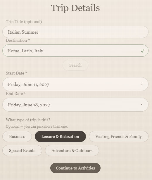 Trip Details with destination, dates and trip type