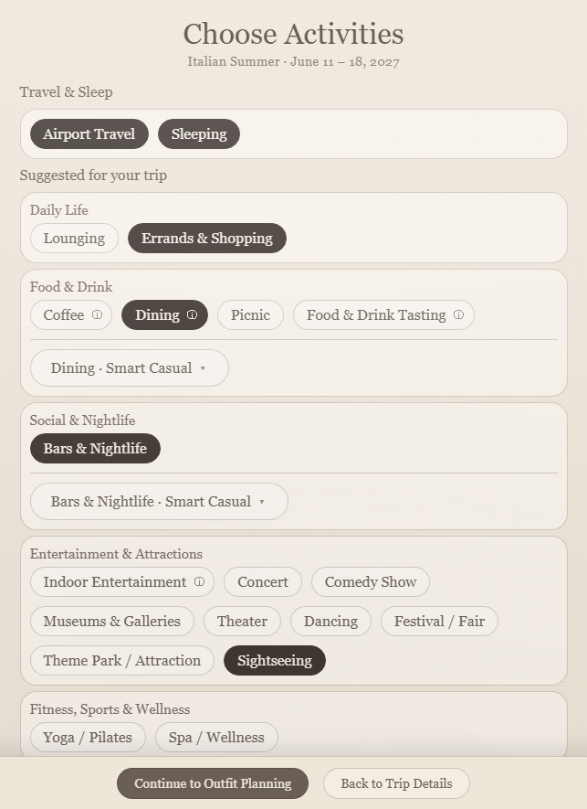 Choosing activities for a trip