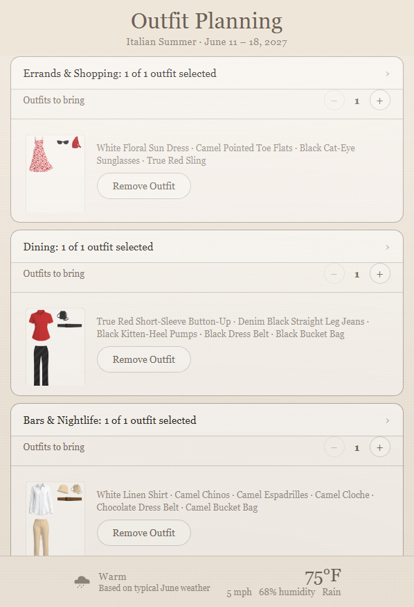Outfit Planning with activities and outfit targets
