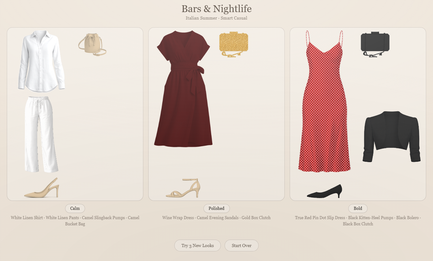 Outfit options for a trip activity