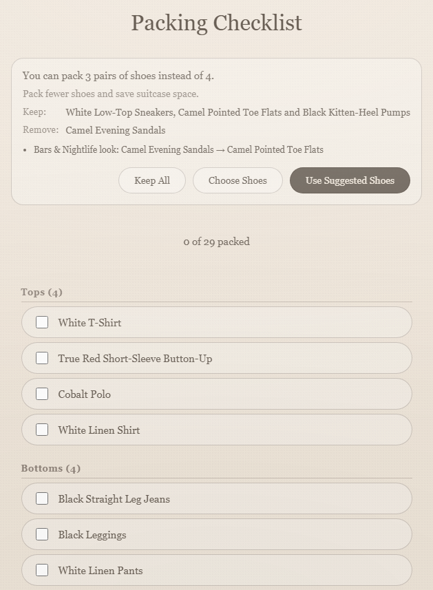 Packing Checklist with a suggestion to pack fewer shoes