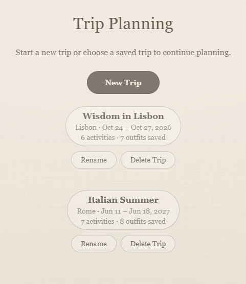 Resume Trip Plan showing saved trips