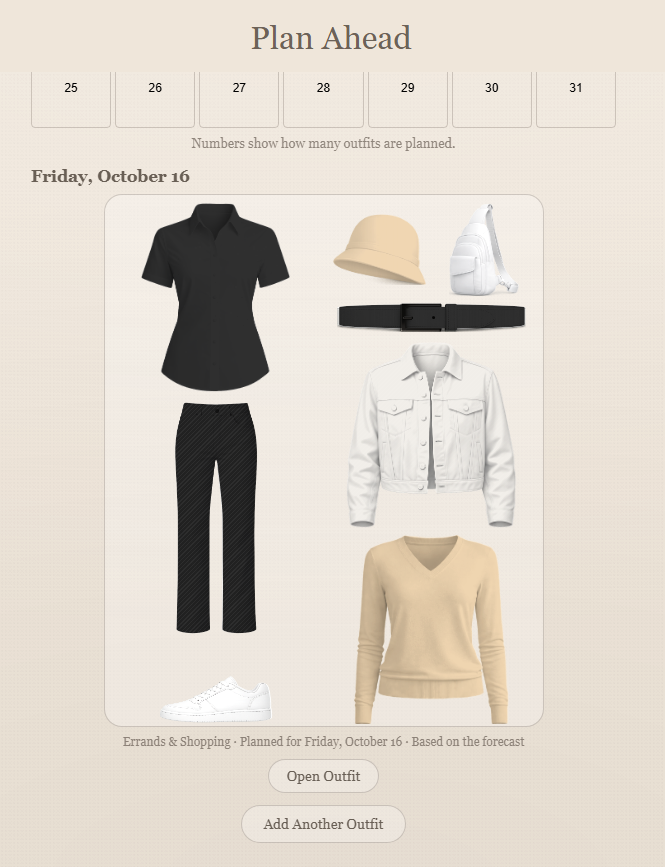 A planned outfit on the Plan Ahead calendar