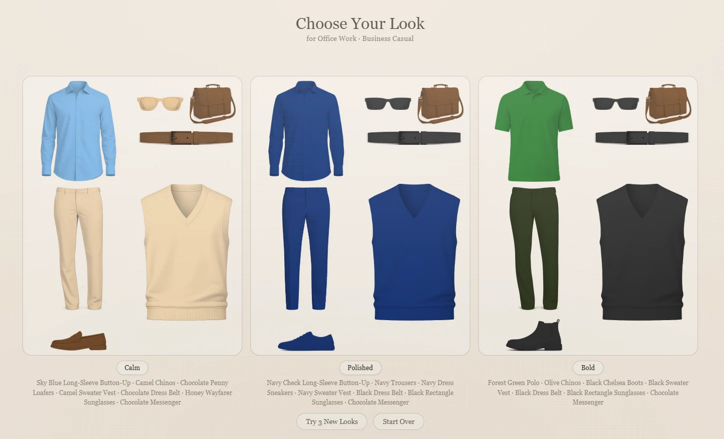 Calm, Polished and Bold outfit suggestions on Choose Your Look