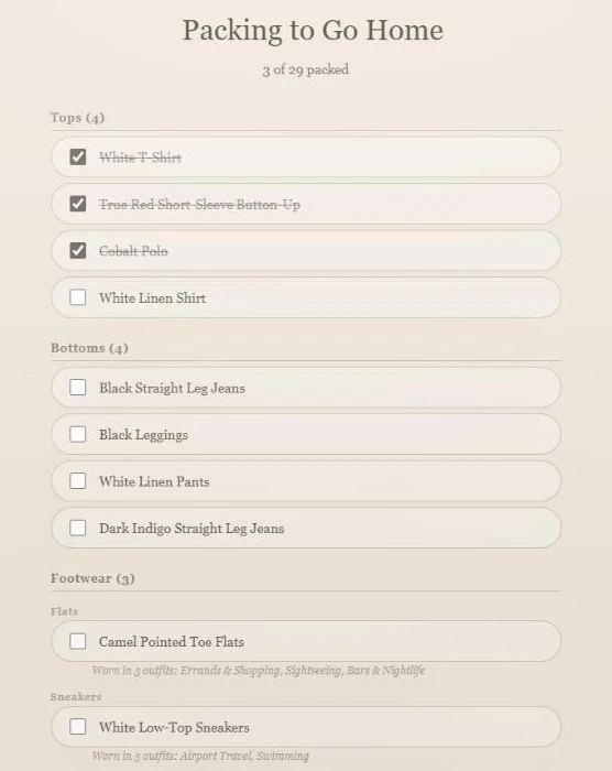 The Packing to Go Home checklist